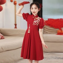 女童新中式礼服夏季新款中大童红色演出旗袍裙小女孩中国风连衣裙