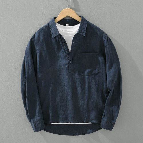 Japanese Retro Long-Sleeve Linen Shirt for Men - Summer New Loose Hoodless Square Collar Blouse Casual Cotton-Linen Top