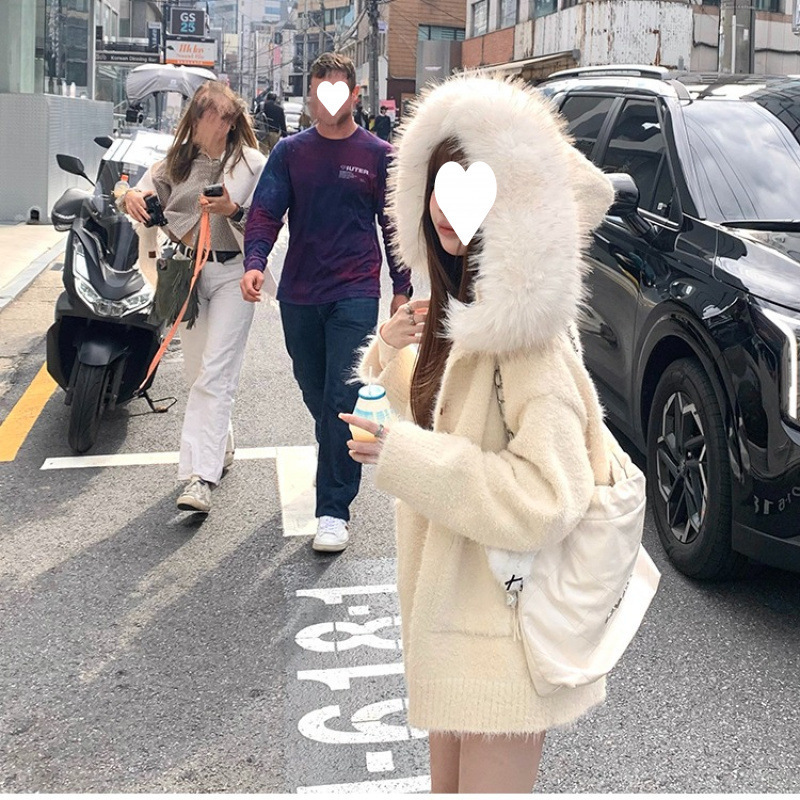 纯欲大毛领连帽宽松毛衣外套软糯加厚针织上衣|undefined