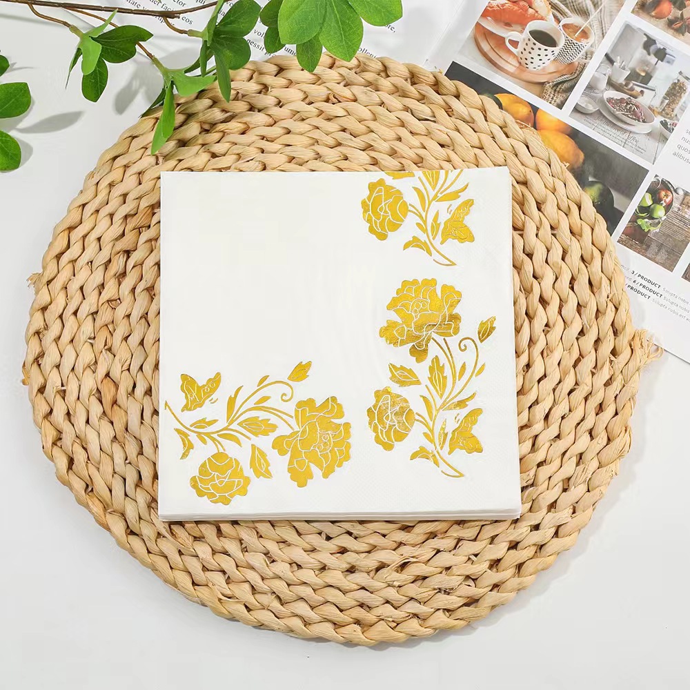 Servilletas Desechables Estampadas de Peonía de Pulpa de Madera Natural con Detalles Dorados para Fiestas y Eventos