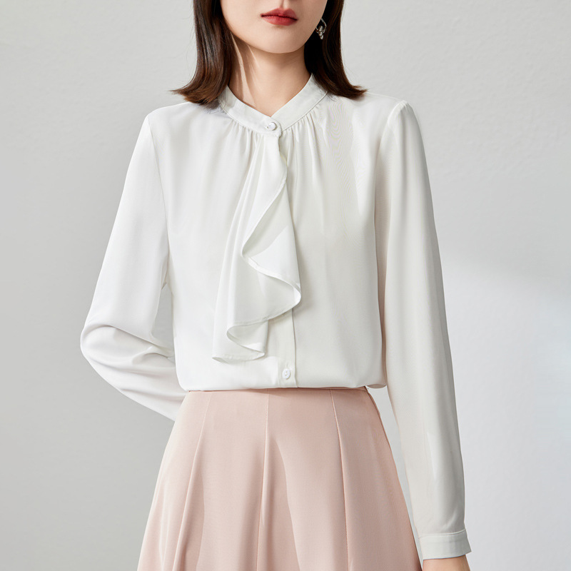 High-End French-Style Ruffled Shirt for Women, 2026 New Fashion Stand-Collar Satin Drape Versatile Top Trendy