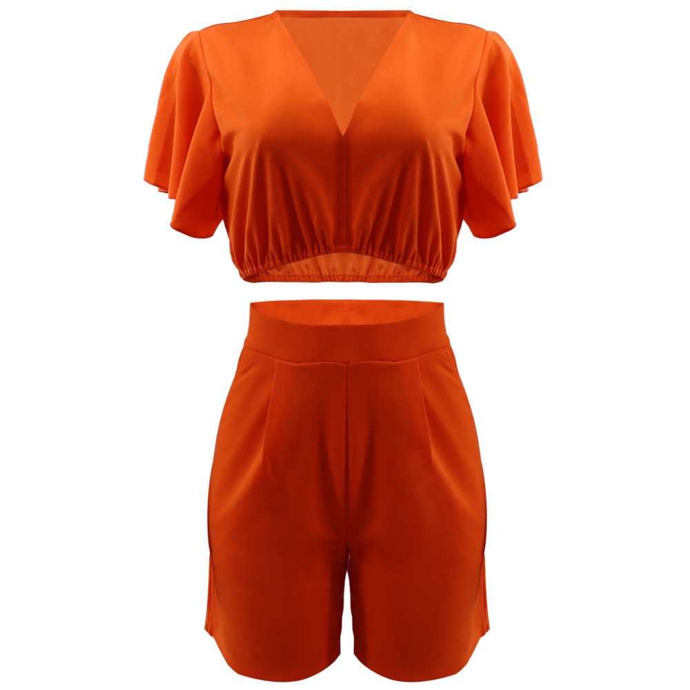 Ruffled Short V neck Top Casual Shorts Summer Two Piece Set