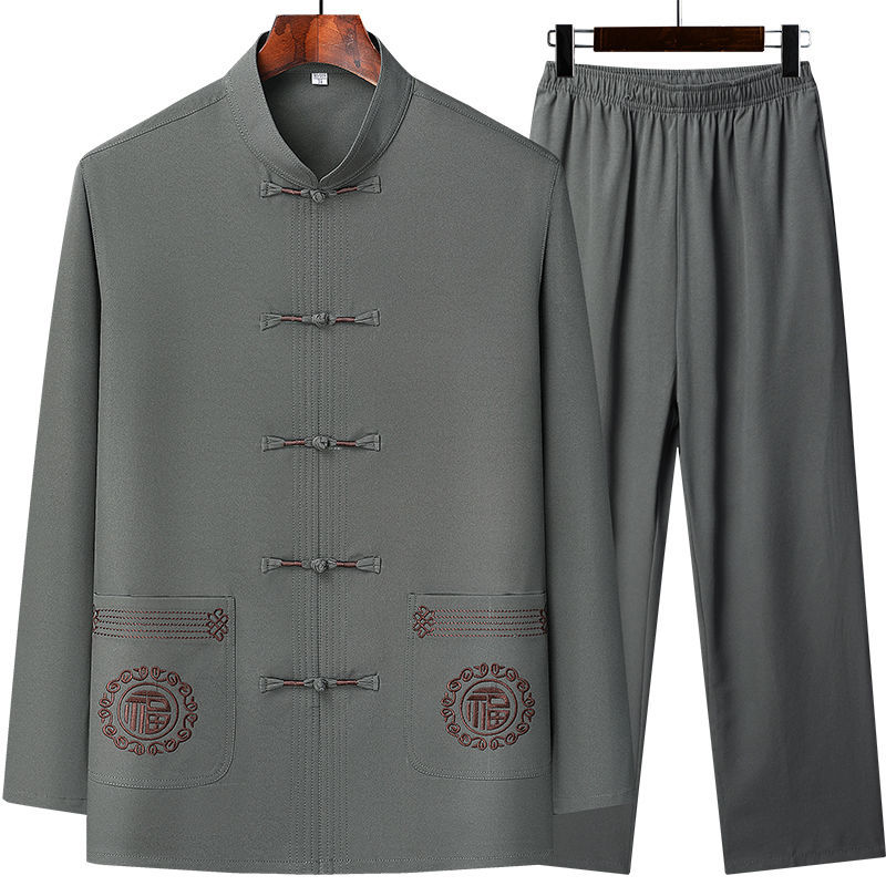Middle-aged and Elderly Tang Suit Men's Long-sleeved Ice Silk suit Summer Dad Suit Chinese Style Men's Shirt Old Man Grandpa Clothes