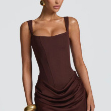 甜辣方领收腰短裙女2023夏季新款欧美风褶皱鱼骨收腰背心裙连衣裙