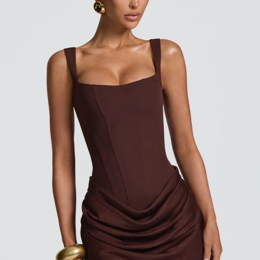 甜辣方领收腰短裙女2023夏季新款欧美风褶皱鱼骨收腰背心裙连衣裙