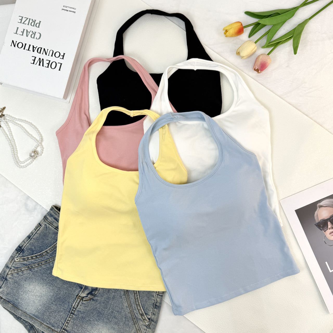 228# Summer New Spice Girls Solid Color Neck Hanging with Chest Pad Camisole Vest Women's Meat Covering Beauty Back Base Top