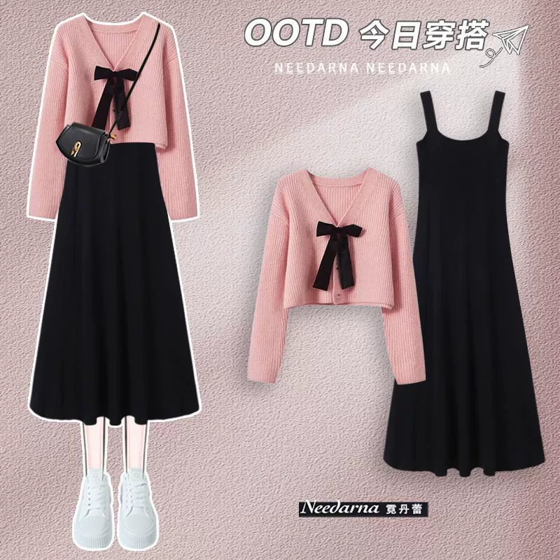 Осенне-зимний комплект 2025: новый нежный вязаный свитер и женское облегающее платье на бретелях, комплект из двух предметов