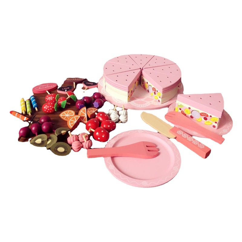 Bebé de madera juego de rol educativo juguete de fresa doble capa pastel niños juegan a casa pastel de cumpleaños corte y ver