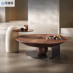 意式简约圆形茶几轻奢现代组合客厅小户型家用高级创意胡桃色茶几
