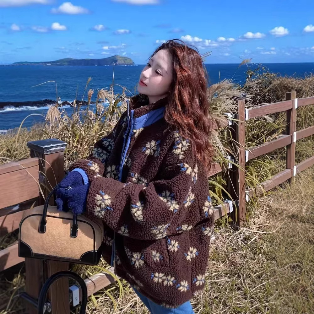 复古花撞色花纹羊羔毛外套女韩版加厚2026冬新款休闲保暖毛毛上衣