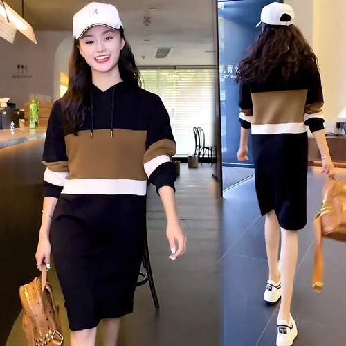 Improved style—please check the actual product before placing your order: high-end color-block hooded sweatshirt dress for women, new autumn collection.