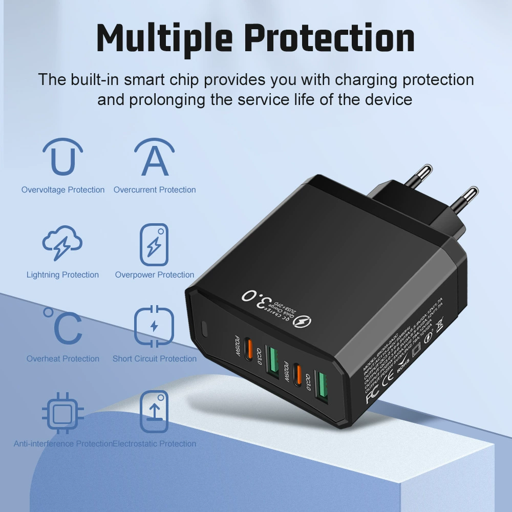 Четырёхвходовое зарядное 2USB+2PD для мобильных, суммарно 100W, для планшета, европейский/американский/британский стандарт, супербыстрая зарядка