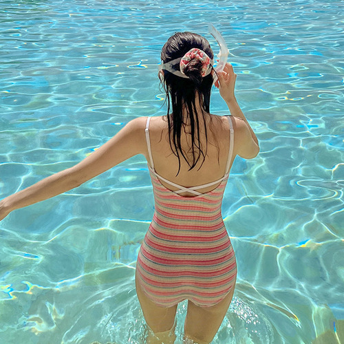 Japanese and Korean pure desire swimsuit women one-piece triangle sweet striped student hot spring vacation swimsuit
