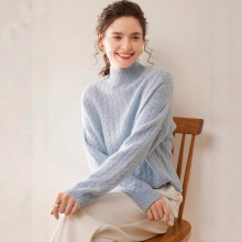 山羊绒女半高领针织麻花复古毛衣秋冬款宽松慵懒彩点纱羊绒打底衫