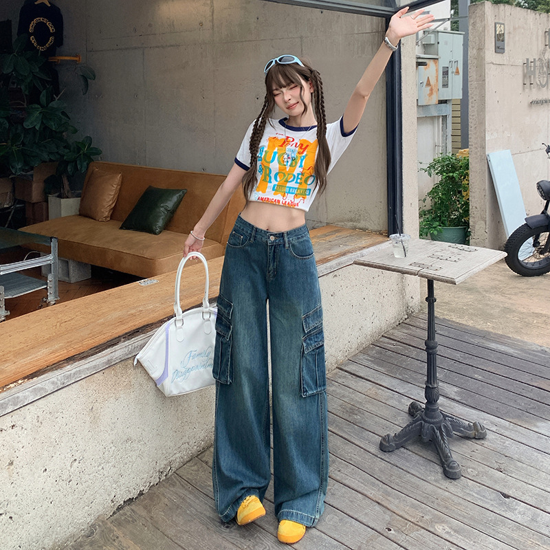 美式复古水洗工装牛仔裤女2025春秋新款高腰宽松显瘦直筒阔腿长裤|undefined