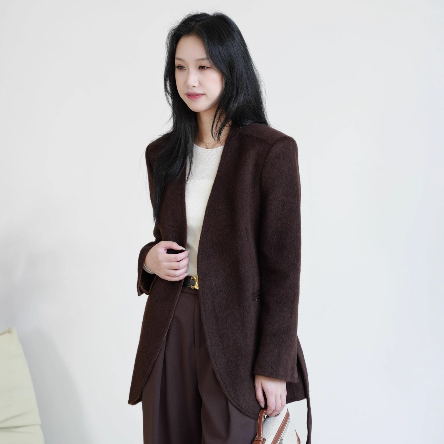 【限量特价】简约ROW风驼绒双面呢大衣 复古浴袍款中长羊毛外套女