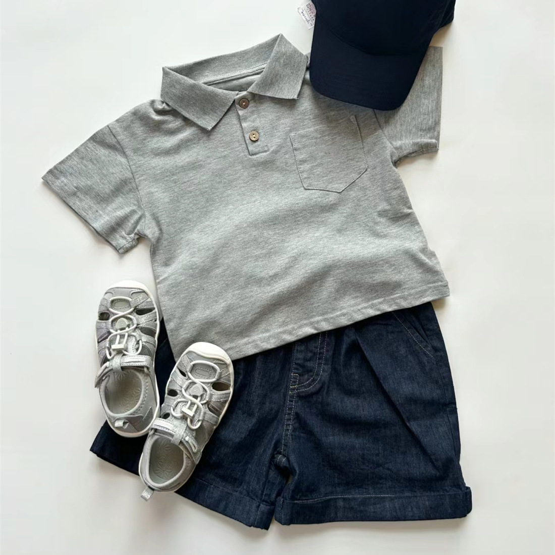 Stylish Cotton Polo Shirt Boys Summer Set: Gray Short-Sleeve T-Shirt and Denim Shorts