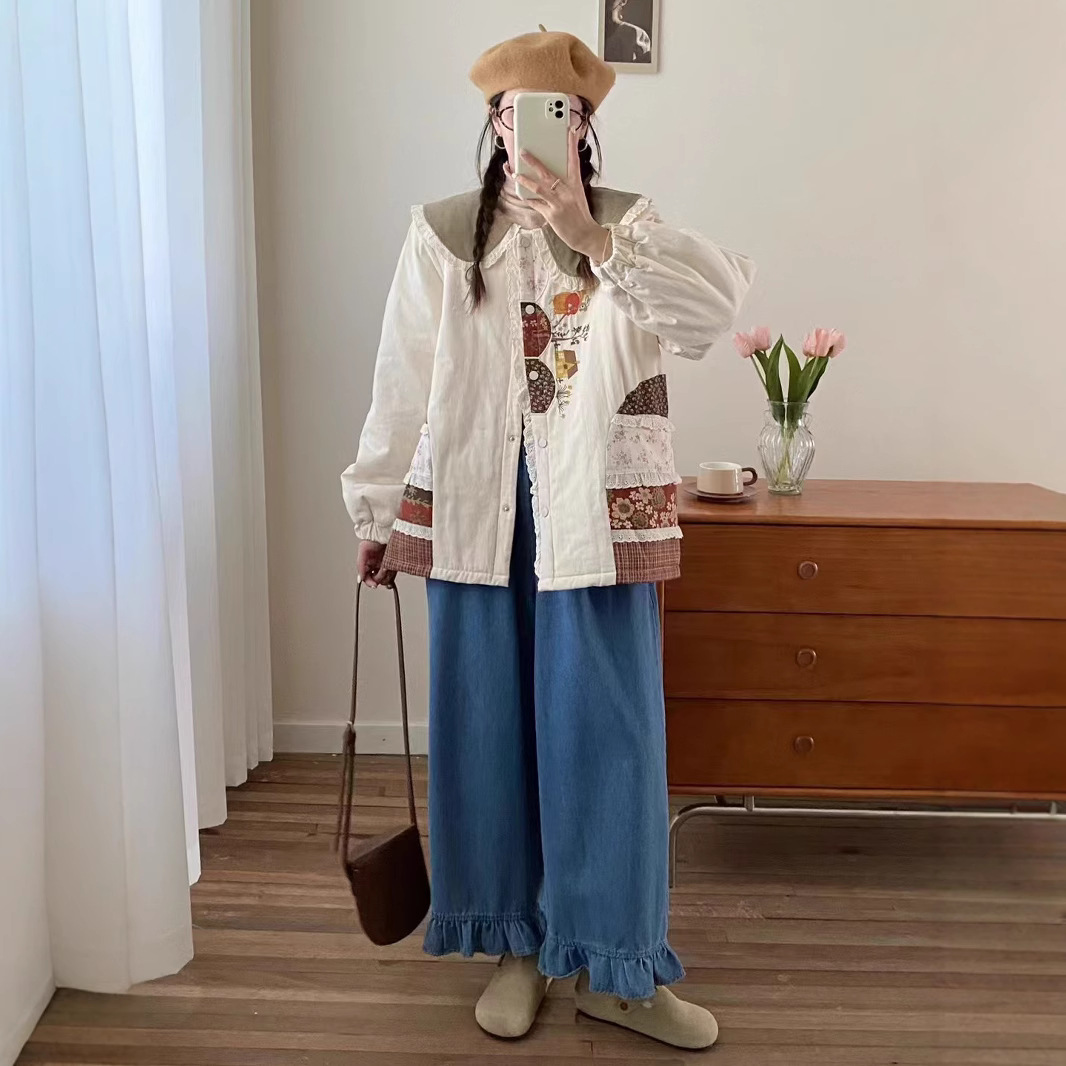 (2개) 2024 가을과 겨울 새로운 모리 귀여운 코튼 패치 자수 인형 칼라 긴 소매 면화 방한면 패딩 코트