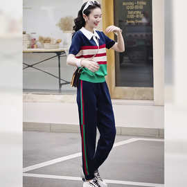 港风高级感休闲运动套装女夏洋气显瘦撞色polo领短袖束脚裤两件套