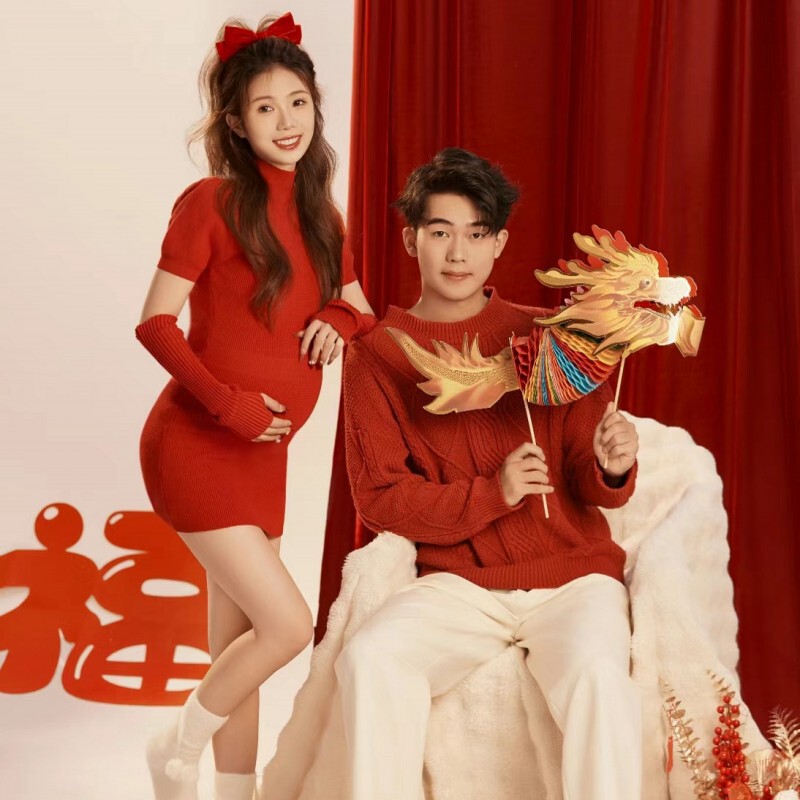 New Dragon New Year couple maternity photo theme clothing festive red sweater pregnant mom Art Photo Photo Photo suit