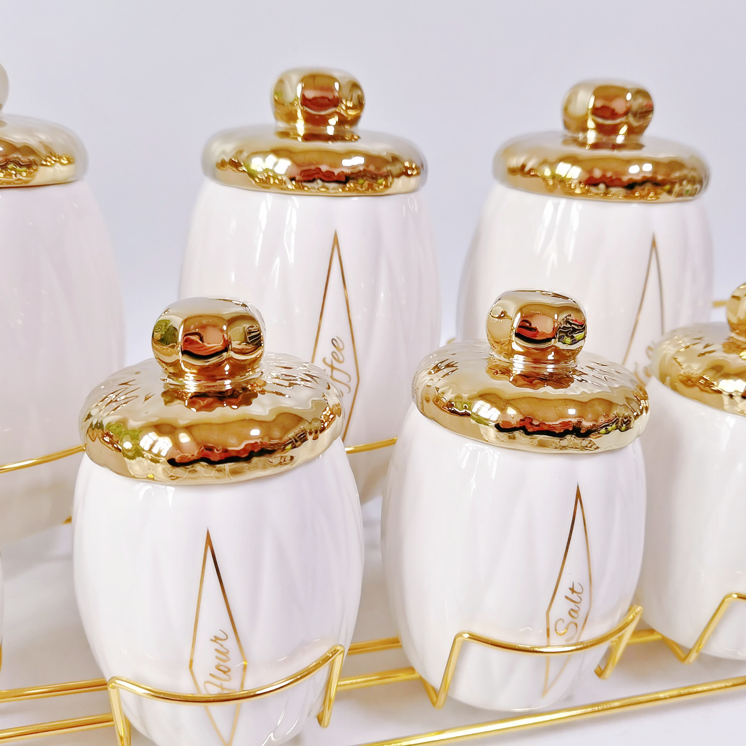 Tarro sellado de cerámica de diamante transfronterizo cubierta chapada en oro Tarro de condimento de 7 piezas Tarro de almacenamiento de cocina Tarro de té de café