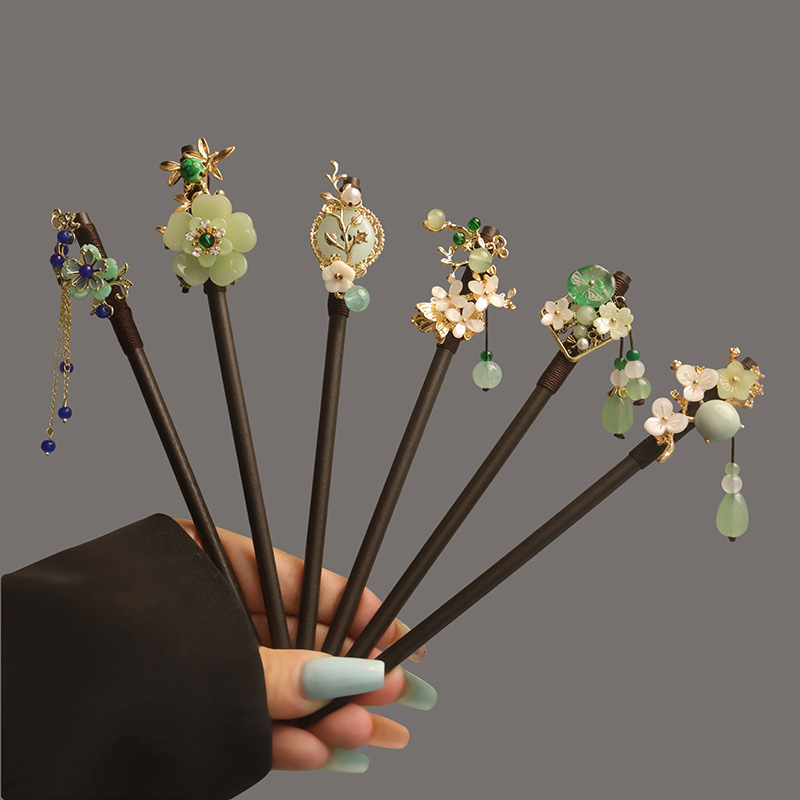Palace-Style Black Sandalwood Hairpin, Ancient-Style Hanfu Flower Hairpin, Chinese-Style Tassel Hairpin, Ancient-Style Hairpin, Hairpin Accessories
