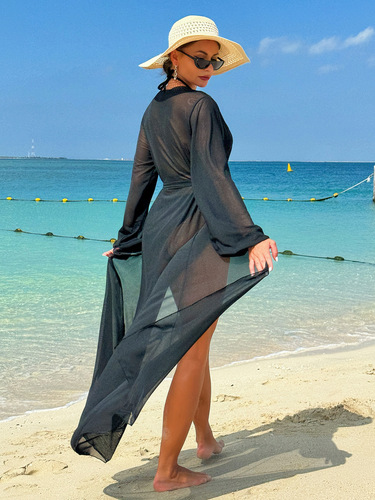 European and American Long Beach Cover-up, Solid Color, Sexy, Breathable, Sun-Protective Beach Swimsuit Cover-up, Deep V-Neck Hot Spring Resort Cover-up