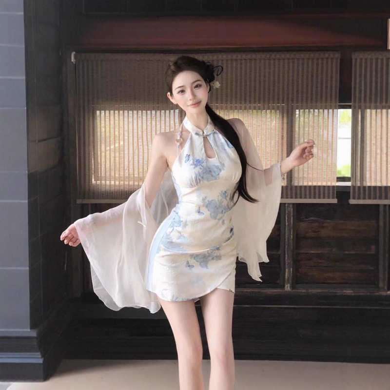New Pure Lust Sexy New Chinese Dress Suit Sun Protection Fairy Jacket Printed Hollow Hip-Covering Cheongsam New Pure Lust Sexy New Chinese Dress Suit Sun Protection Fairy Jacket Printed Hollow Hip-Covering Cheongsam