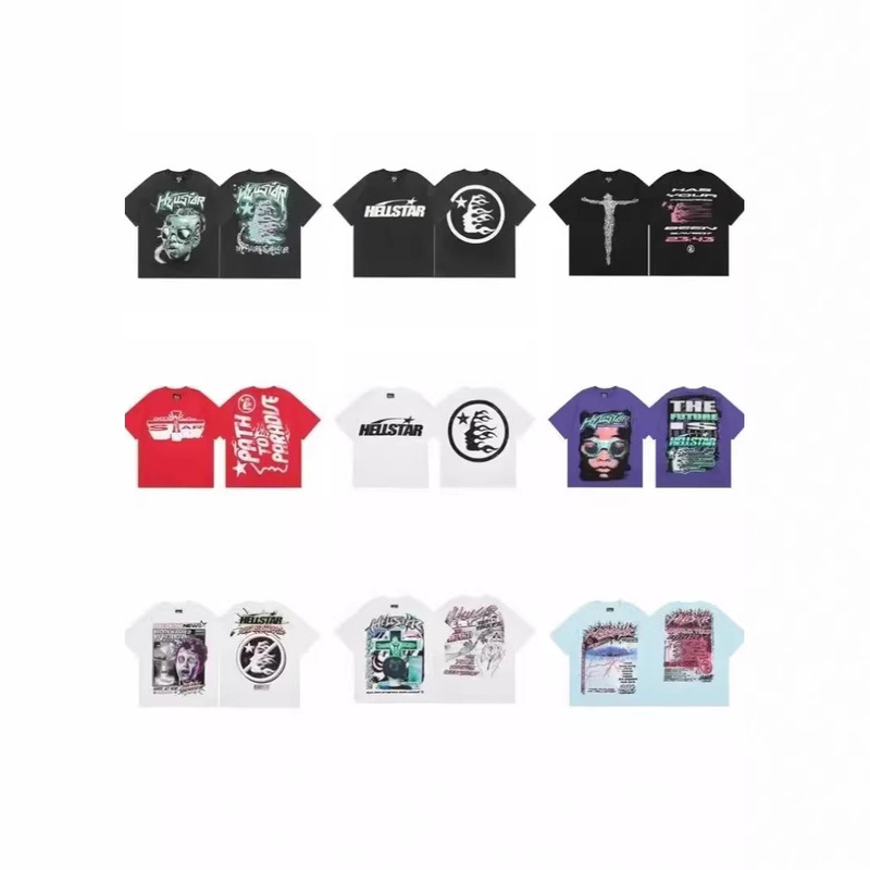 American-Style Hellstarcho Hip-Hop Printed T-Shirt, Versatile Casual Loose Short-Sleeved Top with Cartoon Anime Round Neck