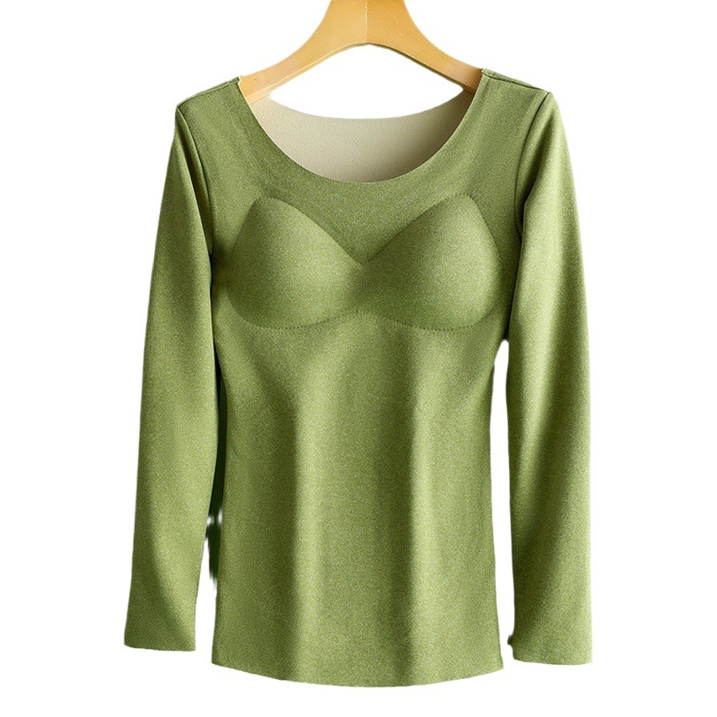 Parche engrosado de terciopelo sin costuras ropa interior térmica para mujer con almohadilla en el pecho que toca fondo ropa de otoño superior autocalentamiento térmico manga larga invierno
