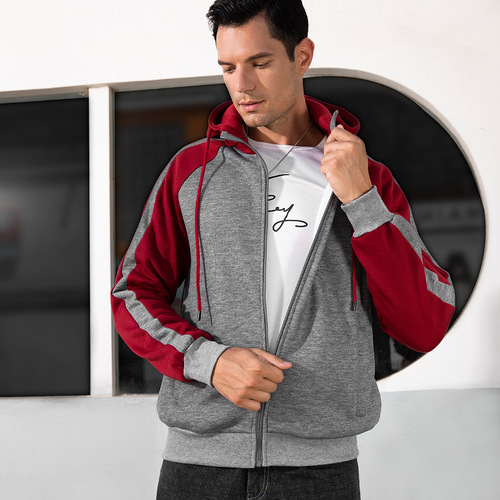 Men's Seasonal Contrast Zip Hoodie Sweatshirt with Drawstring, Oversized Loose Design, Padded Fleece Material, Color Block Style