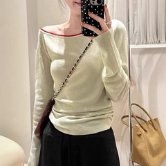 小个子黑色斜肩一字领长袖t恤女春秋季独特超好看单穿打底衫上衣