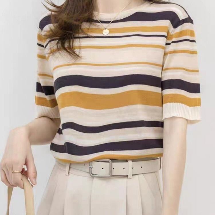 Tencel Color-Block Striped Short-Sleeve Knit Top for Women, Summer Thin Style, Slim Fit, Flattering, Versatile, Stylish