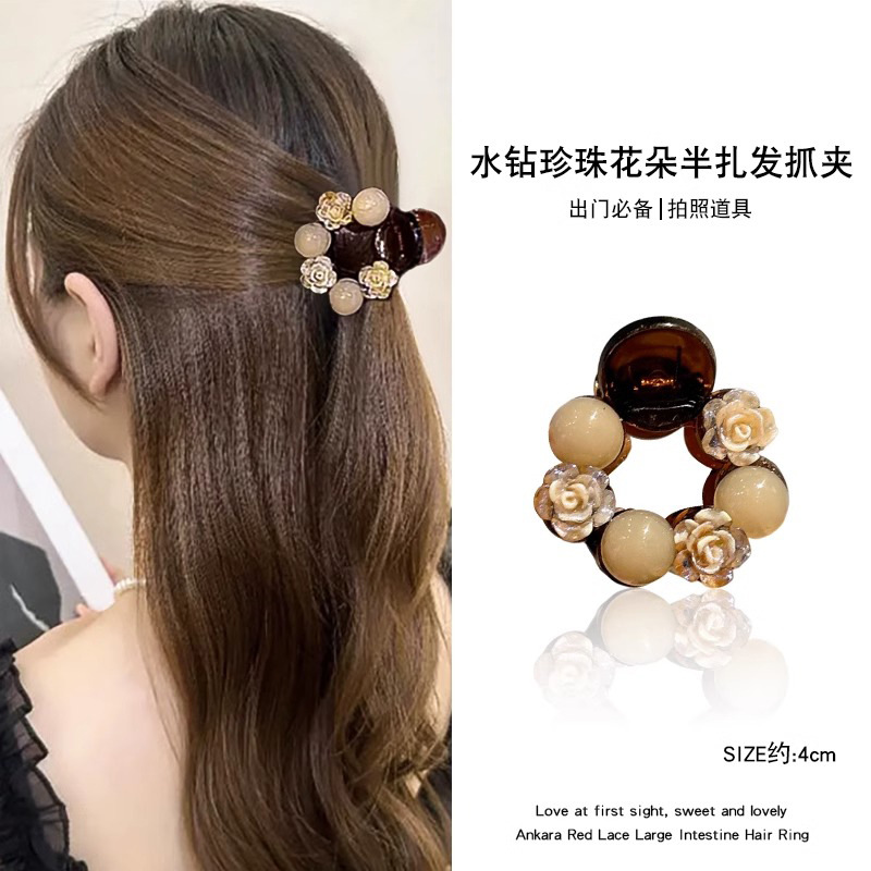 2025 Japón y Corea del Sur de alta calidad rosa con diamantes de medio cabello pequeño clip de agarre de cabello de cola de caballo alto clip de cabello de mar adornamiento para mujeres