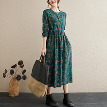 现货文艺复古碎花棉麻长袖连衣裙春季收腰系带显瘦大摆打底长裙女