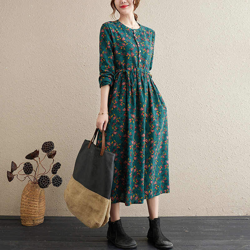 in stock Artistic Vintage Floral Cotton Linen Long-sleeved dress Spring Tight Waist Lace-up Slimming Large Swing Base Dress for Women in stock Artistic Vintage Floral Cotton Linen Long-sleeved dress Spring Tight Waist Lace-up Slimming Large Swing Base Dress for Women