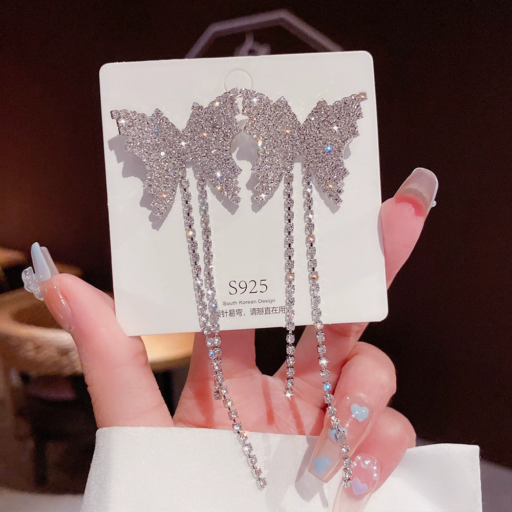 Серьги из серебра 925 пробы, Tassel из циркония, длинная легкая подвеска