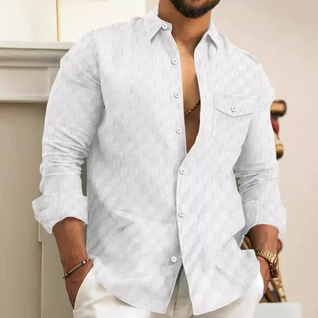 跨境2024新款春秋欧美男士格子提花胸前口袋翻领长袖翻领衬衫