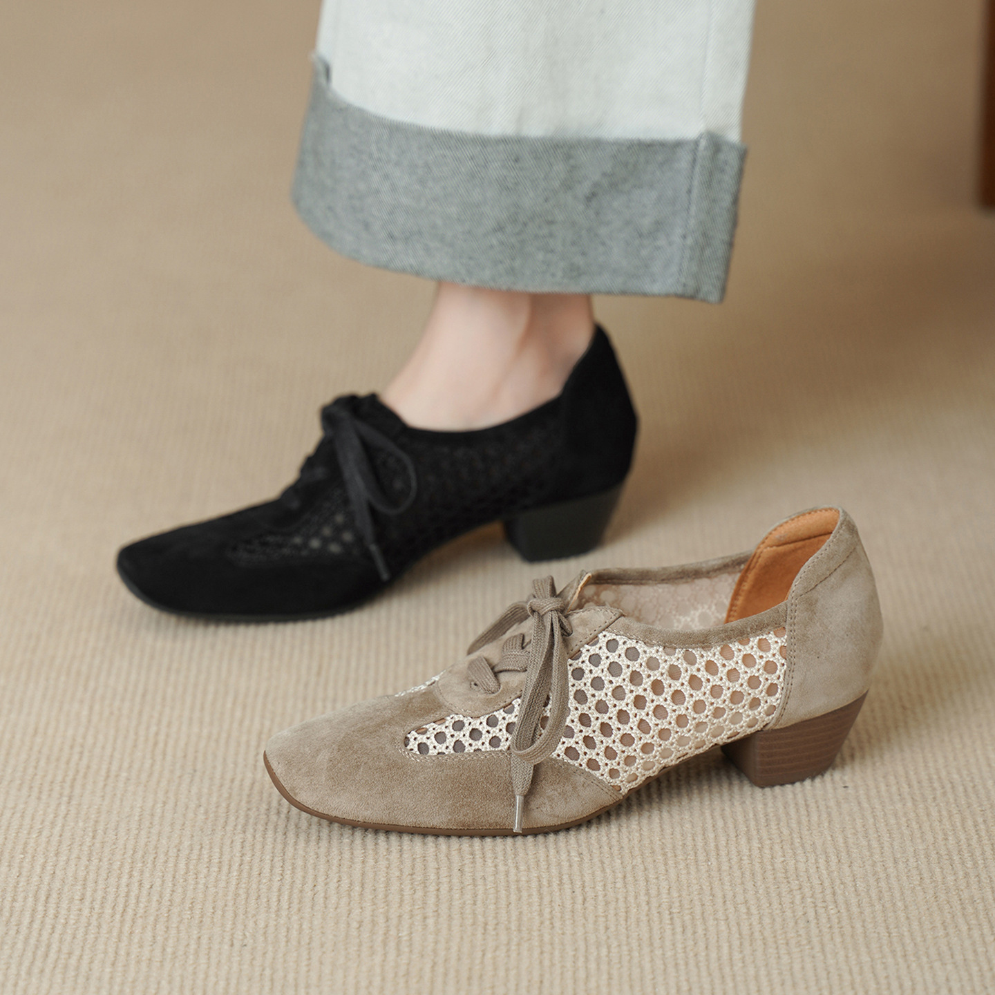 Giày sandal cao gót nữ hở mũi phối lưới, gót 4 cm, phong cách vintage — đen
