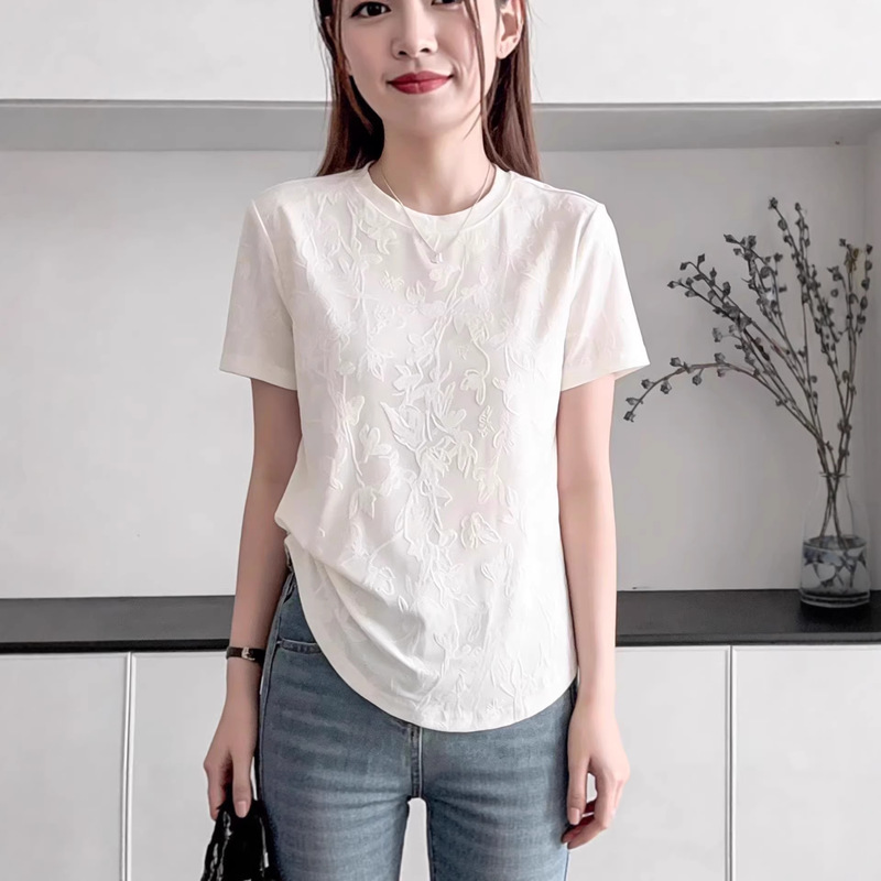 Large Size Jacquard Design Round Neck Soft Short-Sleeved T-Shirt for Women 2026 Summer New Style Loose Slimming Top for Women Large Size Jacquard Design Round Neck Soft Short-Sleeved T-Shirt for Women 2026 Summer New Style Loose Slimming Top for Women