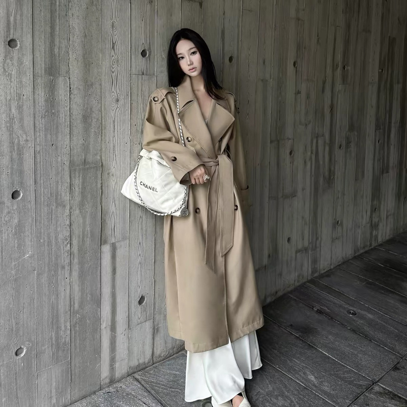 5werkwen Scepter-style double-breasted coat for women, spring and summer mid-length elegant lapel tie spring and autumn outerwear
