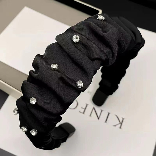 Korean super fairy sparkling black pleated satin hairband high skull hairpin headdress women's non-slip wide-brimmed headband hair accessory