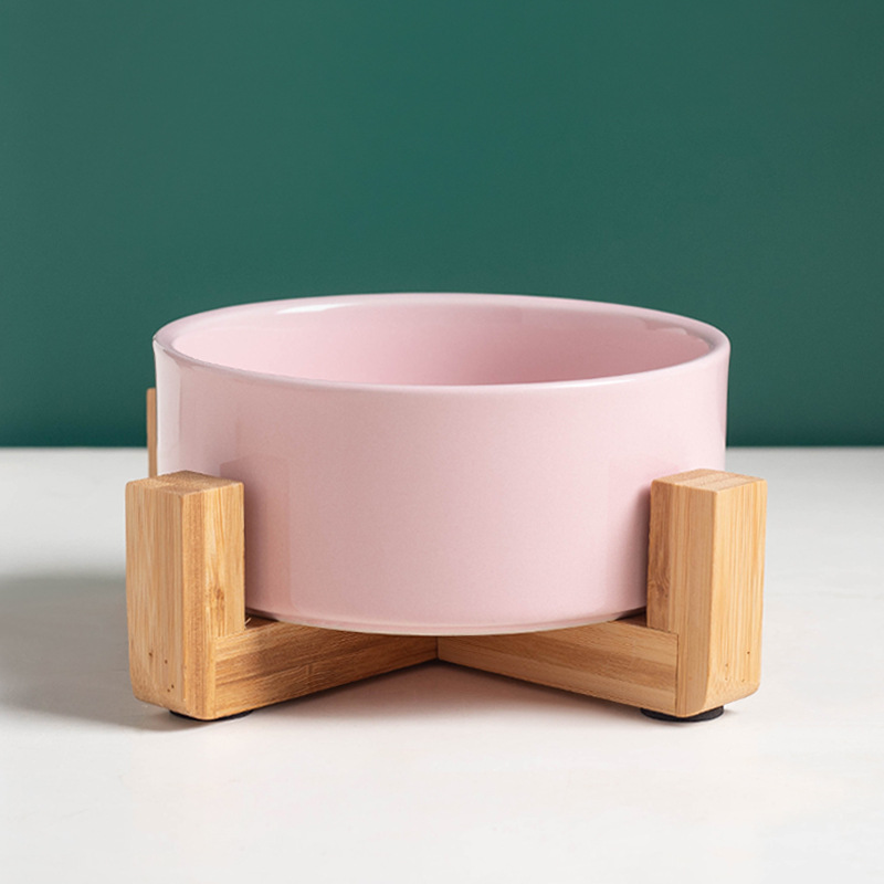 Tazón recto Rosa + estante de madera de un solo tazón