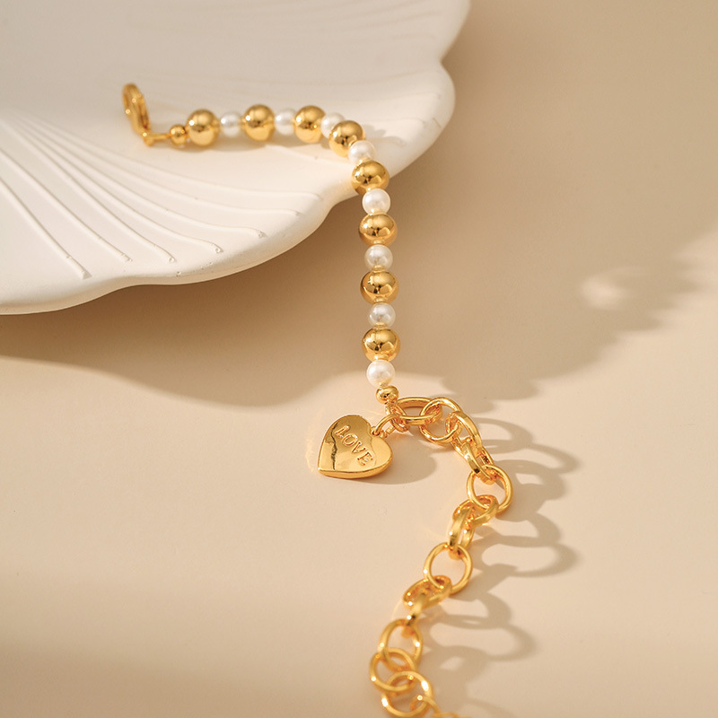 Sweet Letter Heart Shape Copper Beaded Pearl Plating Bracelets 1 Piece
