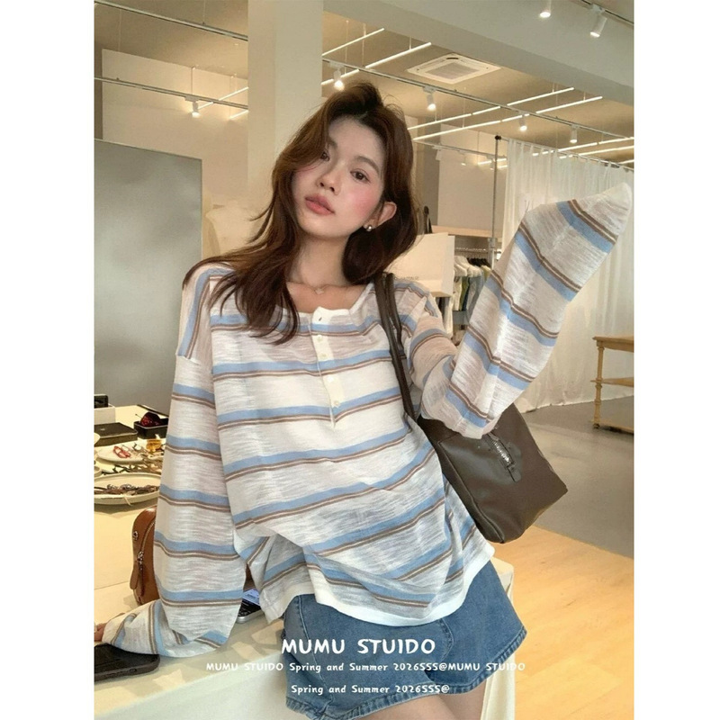 Korean-Style Lazy Style Color-Blocked Striped Ice Silk Long-Sleeve T-Shirt for Women, Summer Thin Sun-Protective Cover-Up, Loose Fit, Flattering Top Korean-Style Lazy Style Color-Blocked Striped Ice Silk Long-Sleeve T-Shirt for Women, Summer Thin Sun-Protective Cover-Up, Loose Fit, Flattering Top