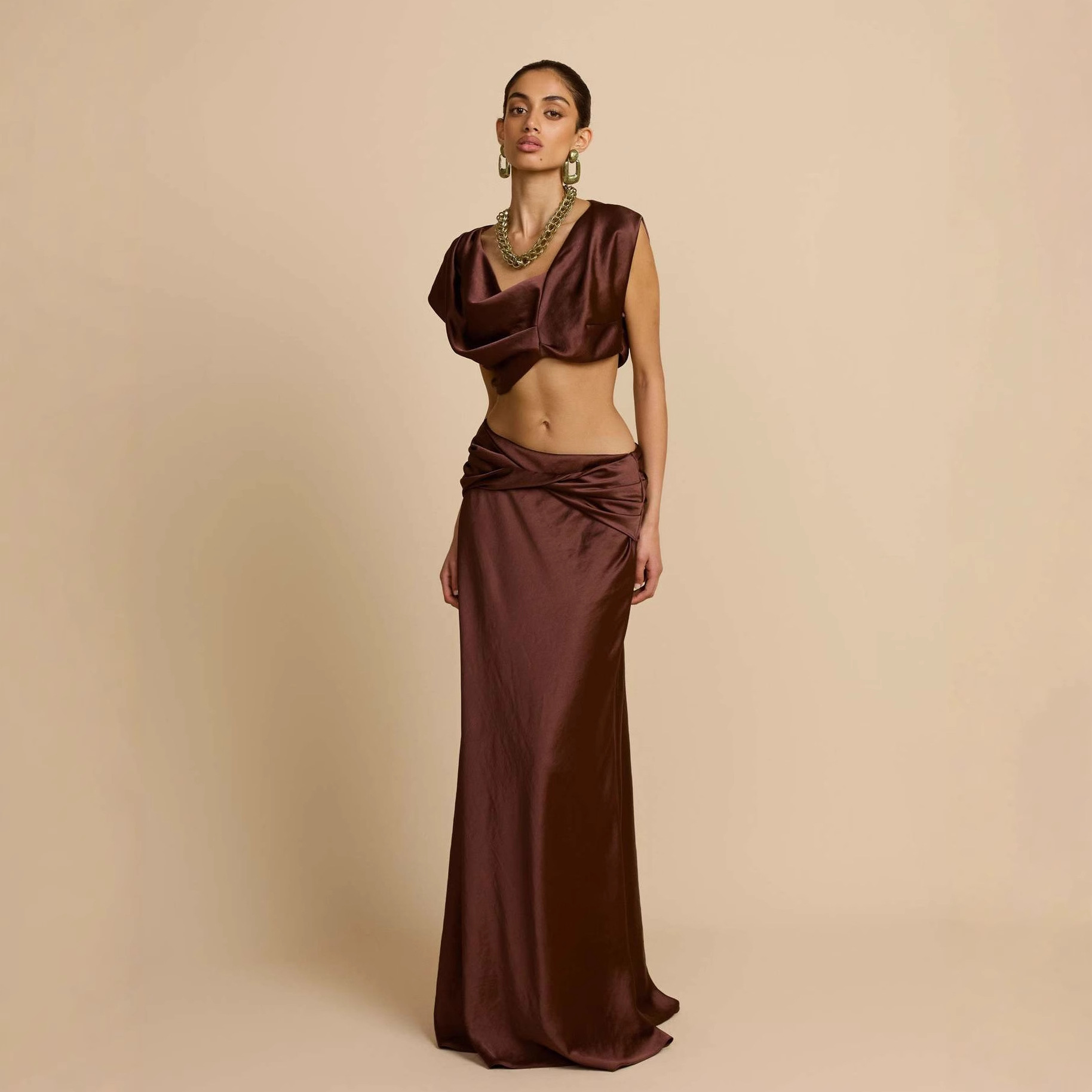 Sexy Geometric Panel Two-Piece Dress Set, Ruched Bustier Top With Asymmetrical Skirt For Women Fashion-Forward Two-Piece Set_ecoleips.com