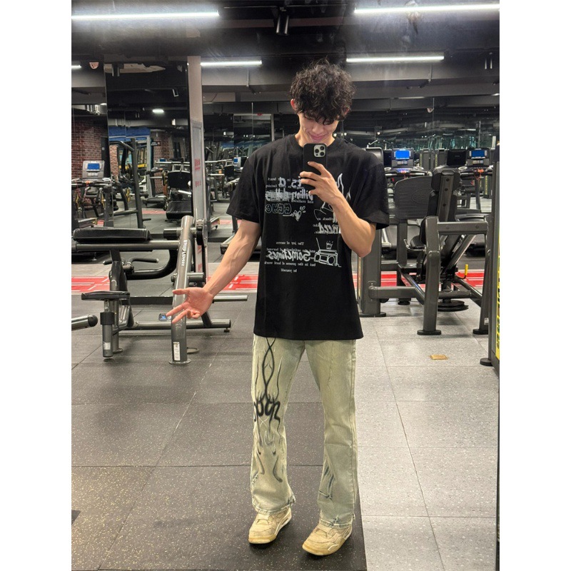 American fashion brand high street flame residual shadow slim fit micro flared jeans Vibe style pants for men, washed_voghion.com