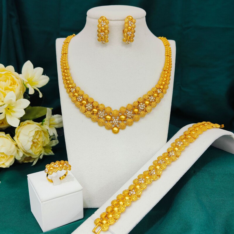 Nigeria Dubai 24K Gold Jewelry Set Necklace Bracelet Earrings Ring Collection Bridal Wedding Set Nigeria Dubai 24K Gold Jewelry Set Necklace Bracelet Earrings Ring Collection Bridal Wedding Set