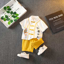 儿童国风汉服男童夏季薄款唐装套装宝宝演出服小童中国短袖两件套