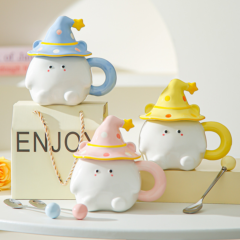 Dibujado a mano encantador cartón de dibujos animados tazas de cerámica creativas estudiantes con tazas de agua cubiertas para regalos de cumpleaños de chicas tazas de regalo